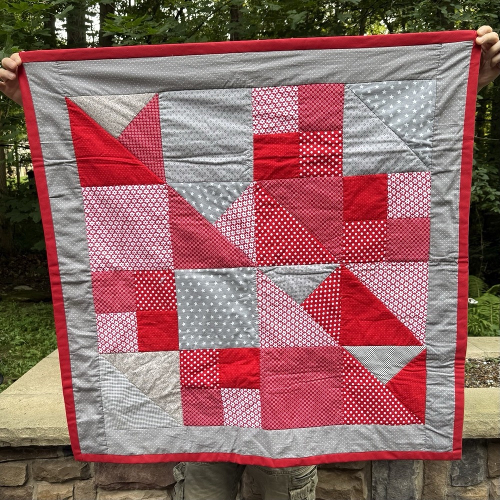 Handmade Red Gray Patchwork Quilt 39x40 Baby Crib Lap Geometric Polka Dot
